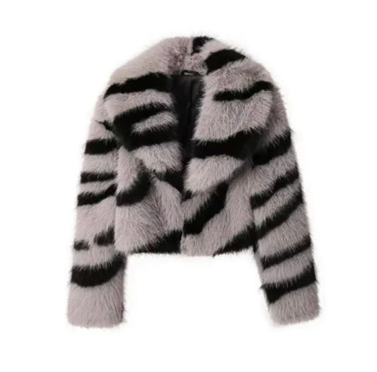 Zebra plush faux fur jacket